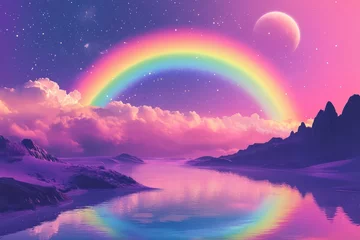 Gardinen Beautiful rainbow across landscape after rainfall © Anna