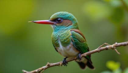 Obraz premium Vibrant Green Kingfisher Bird Sitting on a Thin Tree Branch in a Lush Green Natural Environment Du Daytime