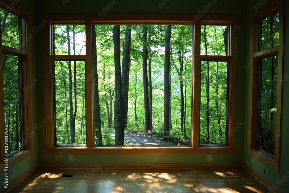Poster panoramic view of forest through large wooden framed window in empty room with sunlight glare across