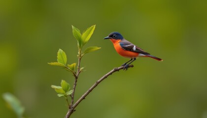 Elegant small bird with vibrant orange chest and dark head perched on a thin branch amidst green foliage in a natural outdoor setting