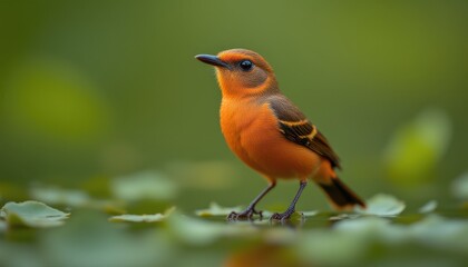 Vibrant orange and black songbird perched on lily pad in lush green pond with blurred foliage background, showcasing close-up detail of wildlife nature scene