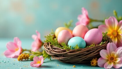 Fototapeta premium Vibrant pastel eggs nestled in a spring flower arrangement , Easter eggs, tulips