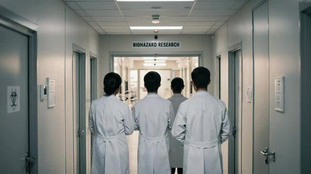 A Diverse Group of Four Scientists in White Lab Coats Wearing Protective Gear Walking Toward a Laboratory in a Research Facility