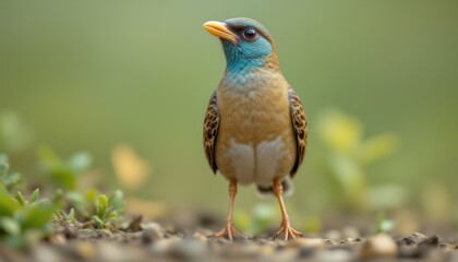 Fototapeta premium Close-up of a colorful bird with vibrant blue and yellow plumage standing on the ground in a natural outdoor setting with blurred green background