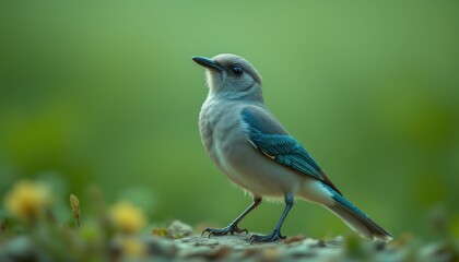 Obraz premium Close-up of a small perching bird with blue and gray feathers standing on a rock in a natural green environment du daytime