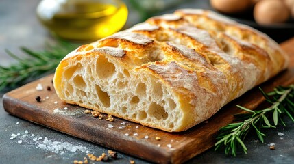 Freshly baked crusty artisan bread with a golden browned top and airy soft interior on a rustic wooden cutting board with herbs and ingredients in the background