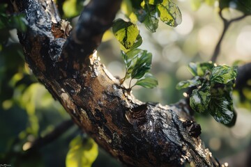 Obraz premium A close up view of a tree branch with green leaves and sunlight shining through the foliage