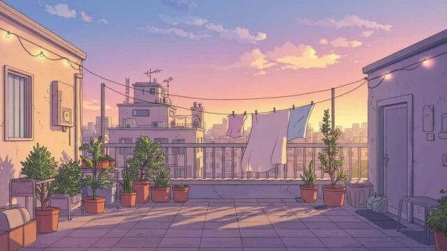Anime scenery, city rooftop at sunset in lofi anime style, Lo-Fi.