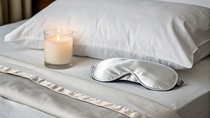 A serene bedroom scene featuring a lit candle and a luxurious sleep mask on crisp white bed linens, symbolizing ultimate relaxation, peaceful sleep, and a mindful evening self-care routine.
