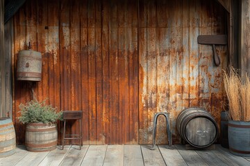 Rustic Weathered Metal and Wood Wall with Barrels Plants and Rural Decor Elements Creates a Vintage Aesthetic