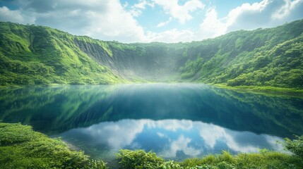 Stunning panoramic view of a tranquil emerald green lake surrounded by lush verdant hills and forests under a bright blue sky with scattered white clouds