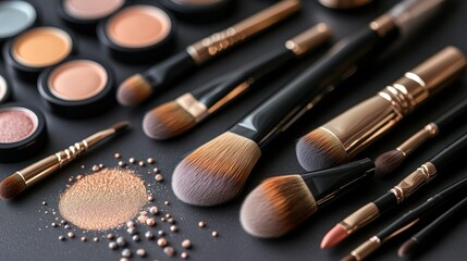 Professional makeup brushes and cosmetic powders with eyeshadow palettes on dark background for beauty, skincare, and fashion application