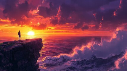 Fototapeta premium Stunning vibrant sunset over rugged ocean cliff with crashing waves and a lone person observing picturesque sunrise in dramatic sky with colorful clouds
