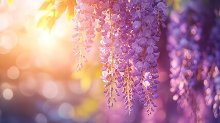 Vibrant hanging purple wisteria flowers in full bloom du golden hour with soft sunlight creating a dreamy natural background and a serene floral scene