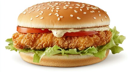 Delicious crispy fried chicken sandwich with fresh lettuce tomato and creamy sauce in a sesame seed bun on a white background