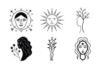 Minimalist Spiritual Hands with Celestial Elements Line Art