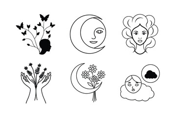 Boho Celestial Sun & Moon Line Art Illustration