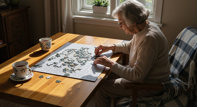 Elderly woman concentrating on completing a jigsaw puzzle indoors  