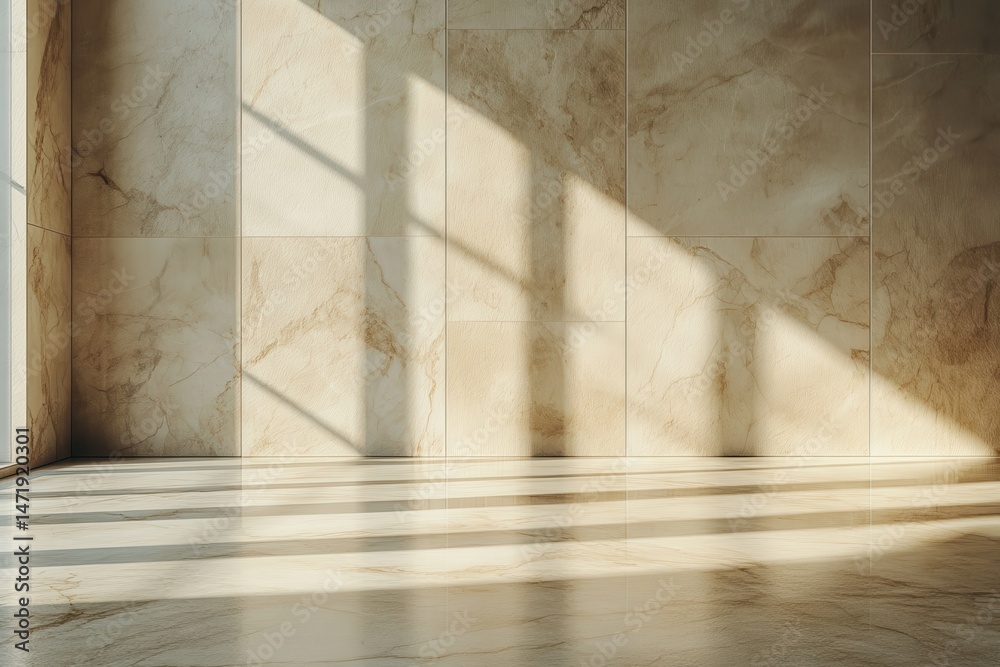 Aufkleber Sunlight Streams Across a Textured Beige Marble Wall with Elegant Shadows Creating an Abstract Interior Architecture Design Pattern with a Geometric and Minimalist Composition