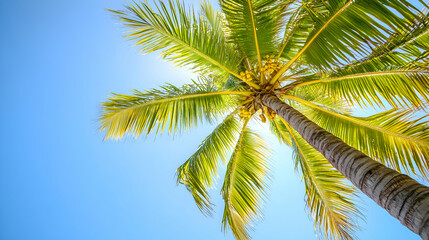 Naklejka premium Lush Tropical Palm Tree Under Clear Blue Sky in Sunlight