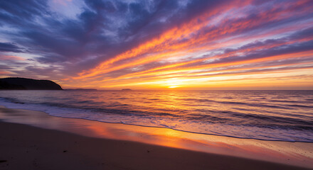 Fiery Sunrise Serenity: Golden Light on Coastal Beach. Waves, Dramatic Sky & Peaceful Horizon. A Moment of Tranquility.