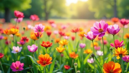 Fototapeta premium Vibrant spring blossoms in a field of wildflowers , yellow, natural, blooming