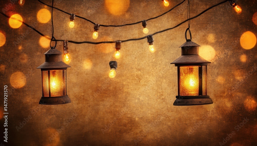 Poster two vintage lanterns hanging with decorative string lights on textured gold wall background for fest