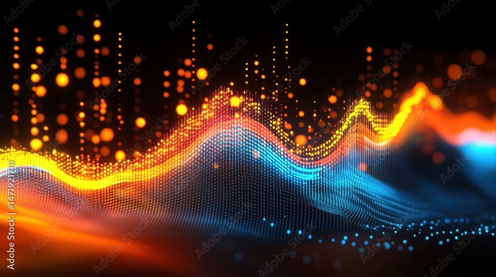 Poster Vibrant Abstract Data Visualization with Glowing Orange and Blue Particles on Black Background Featuring Futuristic Technology and Dynamic Wave Patterns