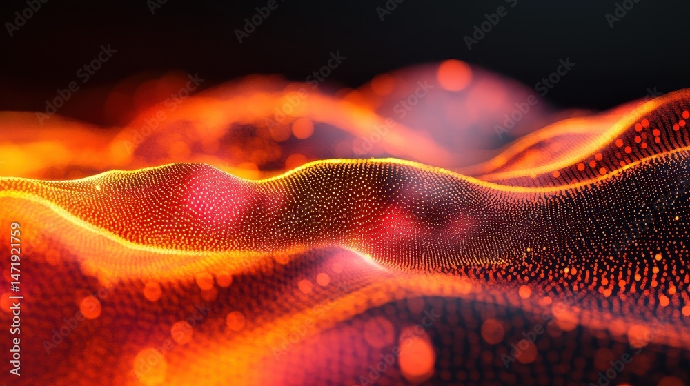 Poster Vibrant Abstract Wave of Glowing Orange and Red Particles on Dark Background Generative Art Design Modern Digital Art with Dynamic Motion and Futuristic Energy