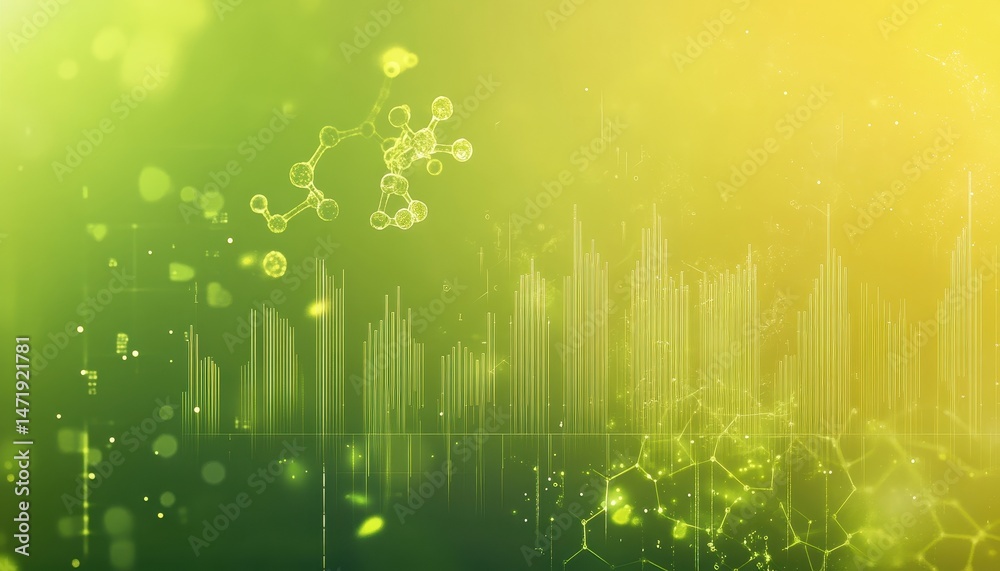 Poster Vibrant Green and Yellow Abstract Background Featuring Geometric Shapes Molecular Structures and Bokeh Lighting in a Futuristic Digital Design