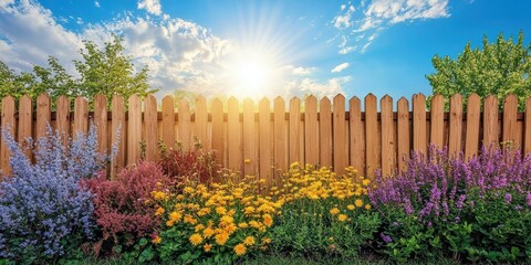 Fototapeta premium Vibrant Flower Garden Bordered by Wooden Fence Under Bright Sunny Sky with Colorful Blooms and Green Foliage Creates a Picturesque Outdoor Landscape in Spring