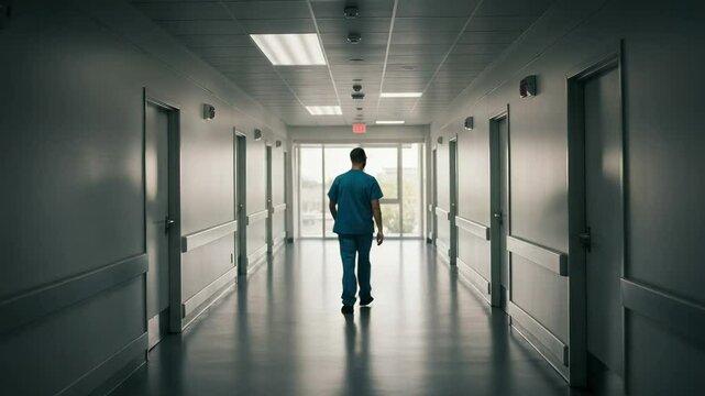 A Male Healthcare Professional in Scrubs Contemplates in the Empty Hallway of a Hospital, Surrounded by Closed Doors and Natural Light Streaming Through Windows