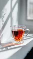 A crystal glass filled with rich amber tea sits on a windowsill, illuminated by soft sunlight casting delicate shadows across the surface