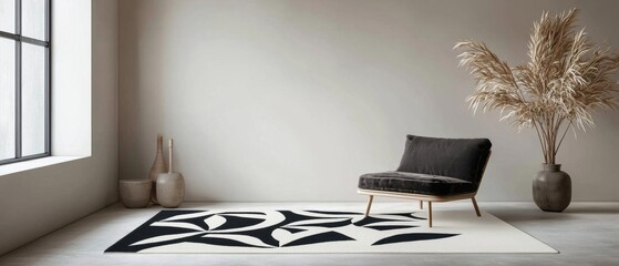 Obraz premium Modern living room with a large window on the left side. the wall is painted in a light grey color and the floor is covered with a black and white geometric rug.