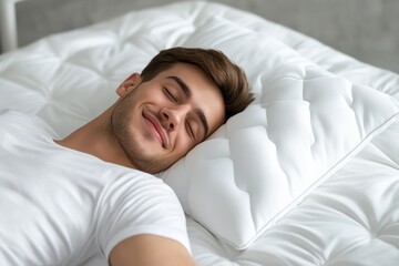 Young man sleeping on orthopedic foam pillow in bright bedroom