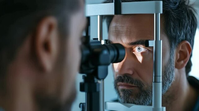 Close-up of an Optometrist Performing Eye Examination on a Patient with a Clinic Background and Advanced Optical Equipment in Focus