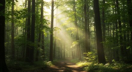 Fototapeta premium Forest Sunlight: Serene Path Through Green Woods, Nature's Glow