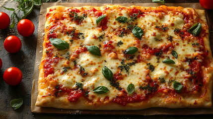 Freshly Baked Margherita Pizza with Basil and Cherry Tomatoes