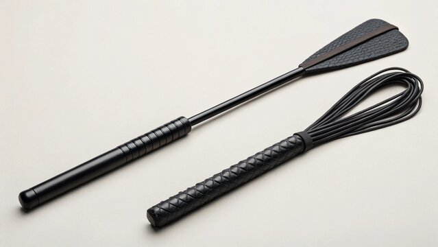 A meticulously crafted black leather paddle with subtle stitching lies beside a matching tassel flogger on a clean white and beige background, showcasing intricate design