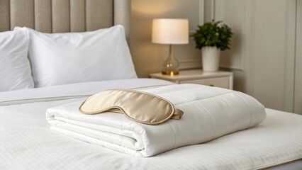 A luxurious bed with a plush upholstered headboard, crisp white linens, and a neatly folded duvet topped with a silk sleep mask, symbolizing ultimate comfort and an elegant bedroom retreat.
