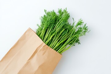 Fresh carrot greens in a brown paper bag