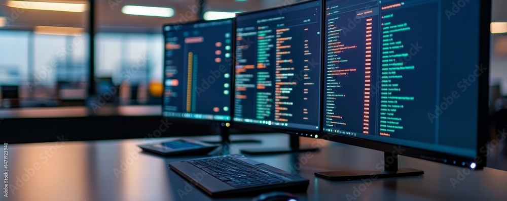 Poster e-commerce marketing strategy for better conversion. dual monitors displaying code in a modern tech 