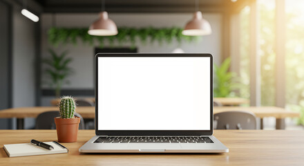 Fototapeta premium Productive Workspace: Laptop, Cactus, & Notepad - Cozy Office Scene for Work, Study, or Creative Projects! Fresh & Modern Mockup.