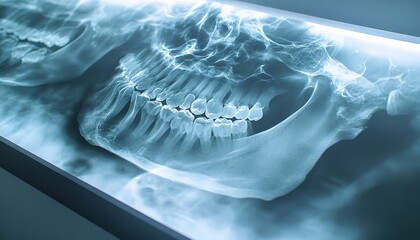 Detailed Panoramic Radiograph of a Human Jawbone Featuring Teeth and Skeletal Structure Illuminated with Subtle Blue Light for Diagnostic Purposes in Healthcare Settings