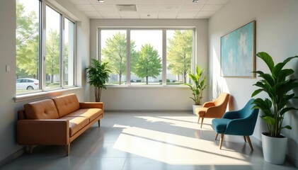 Calm, modern doctor's office waiting area with comfortable seating and natural light , physician's office, seating, desk