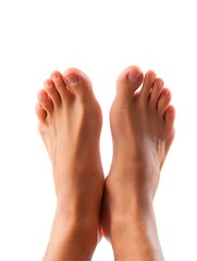 Obraz premium Close-up of young man's feet stretching his foot muscles on a white background, conveying a sense of agility and health.