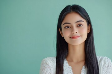 Fototapeta premium Elegant Portrait of Young Woman with Long Dark Hair Smiling on Light Green Background in Studio Lighting