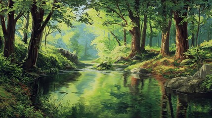 Obraz premium The tranquil river winds through the ancient forest, surrounded by towering trees and lush green leaves. It showcases the harmony between rocks, tree trunks, the natural river, water, and green leaves