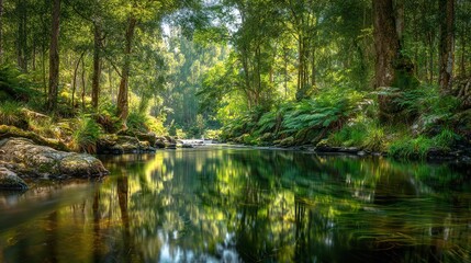 Fototapeta premium The tranquil river winds through the ancient forest, surrounded by towering trees and lush green leaves. It showcases the harmony between rocks, tree trunks, the natural river, water, and green leaves
