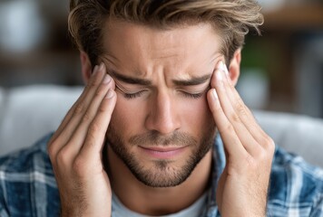 a man suffering from a headache at home